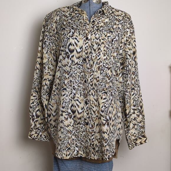 Vintage Boho Silk Animal Print Blouse Women's Medium Oversized - Picture 1 of 7